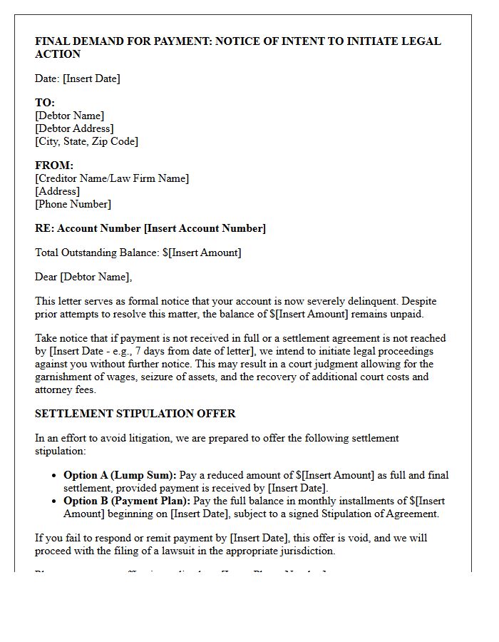 Final Debt Collection Letter With Intent To Sue And Settlement Stipulation