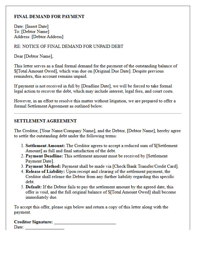 Final Demand Letter For Payment With Settlement Agreement