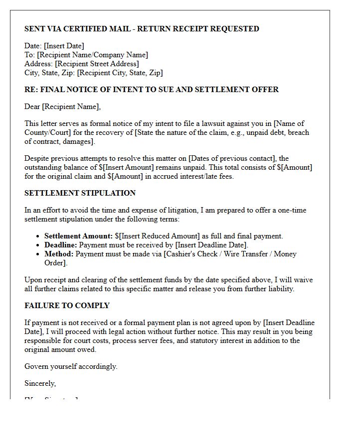 Final Intent To Sue Letter With Settlement Stipulation