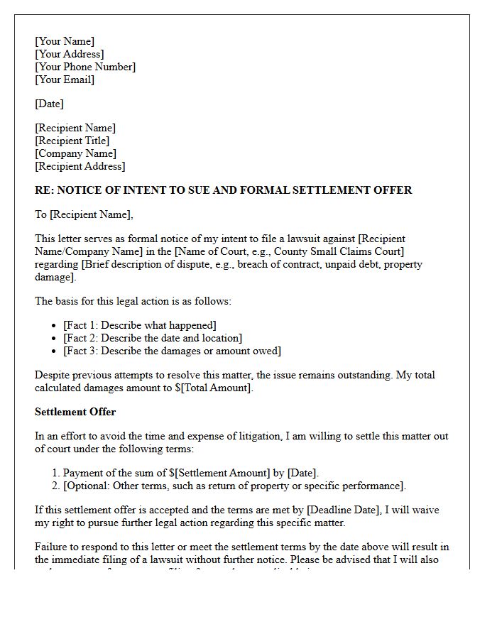 Notice Of Intent To Sue Letter Including Settlement Terms
