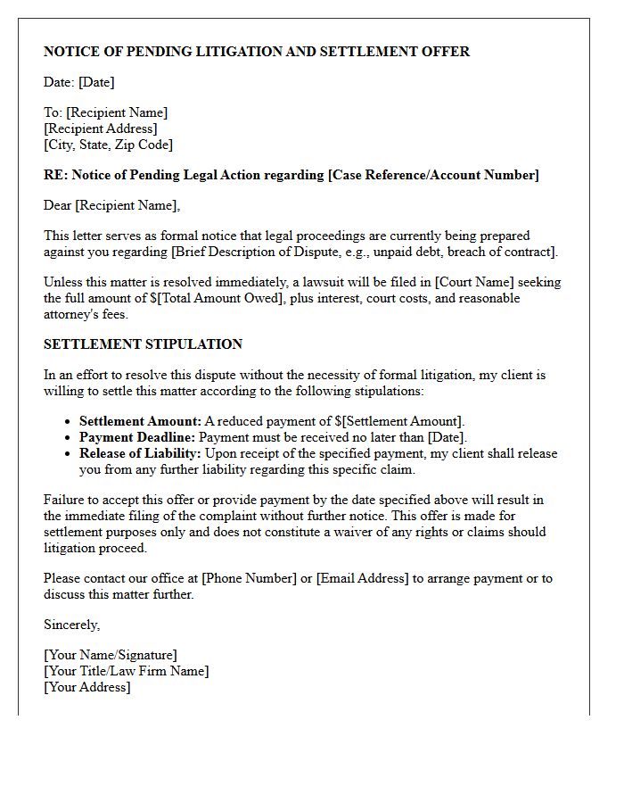 Pending Litigation Notice Letter With Settlement Stipulation
