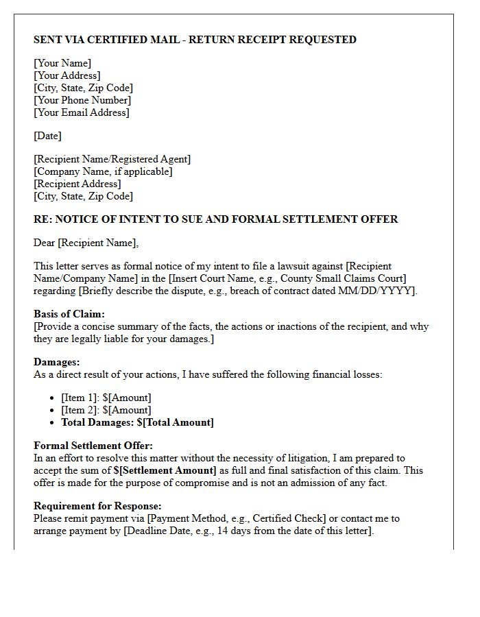 Pre-Litigation Intent To Sue Letter And Settlement Offer