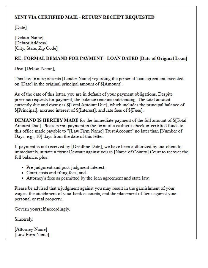Attorney Demand and Intent to Sue Letter for Personal Loan Default
