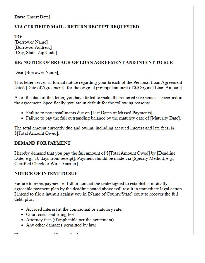 Breach of Personal Loan Agreement Intent to Sue Letter