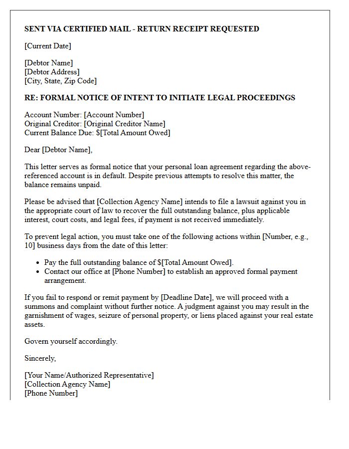 Collection Agency Intent to Sue Letter for Defaulted Personal Loan Agreement
