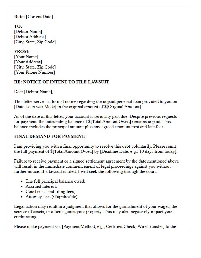 Debt Collection Intent to Sue Letter for Unpaid Personal Loan