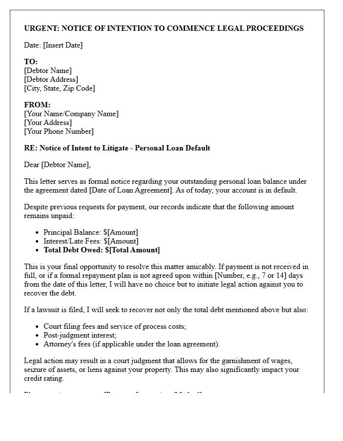 Debt Recovery Intent to Litigate Letter for Personal Loan Default