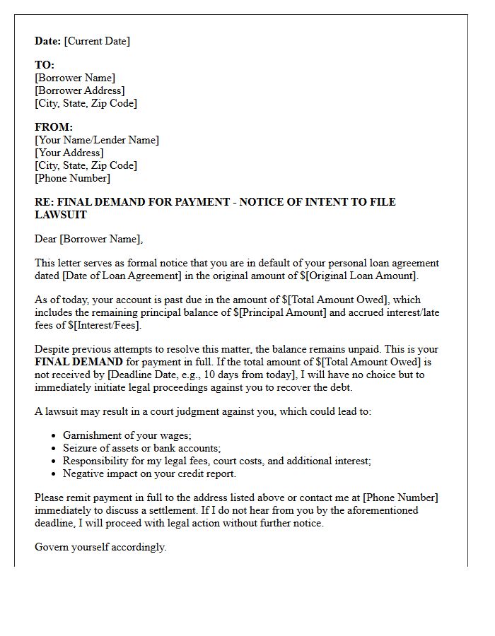 Final Demand and Intent to Sue Letter for Defaulted Personal Loan