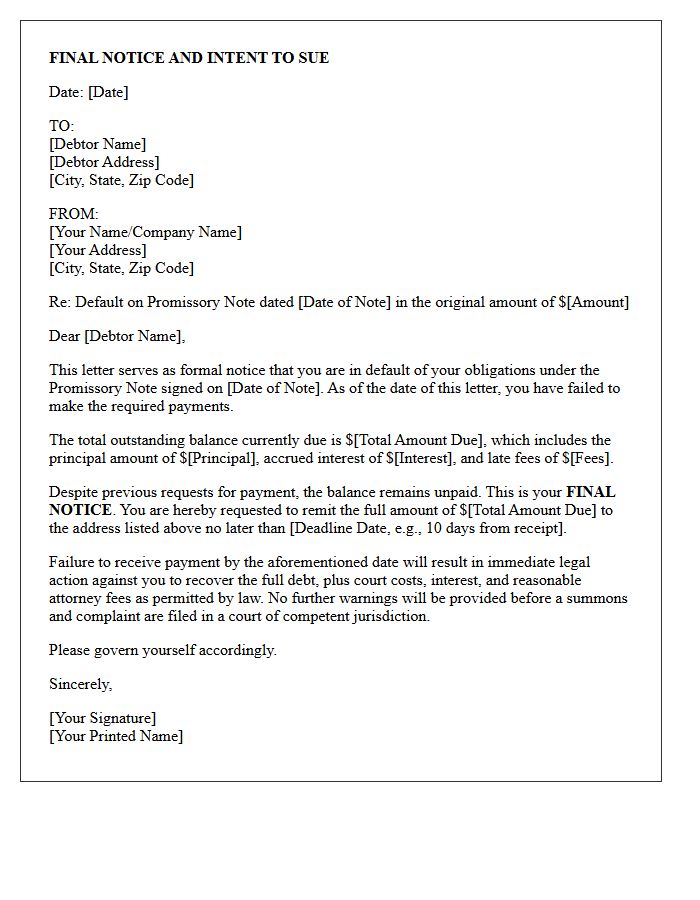 Final Notice and Intent to Sue Letter for Defaulted Promissory Note