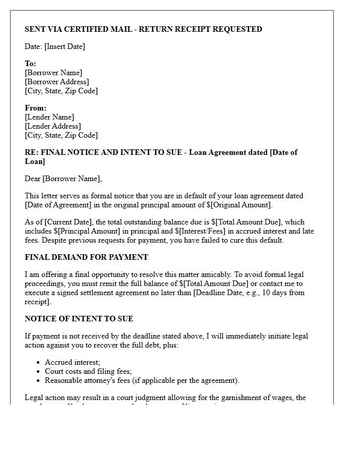 Final Resolution or Intent to Sue Letter for Defaulted Loan Agreement