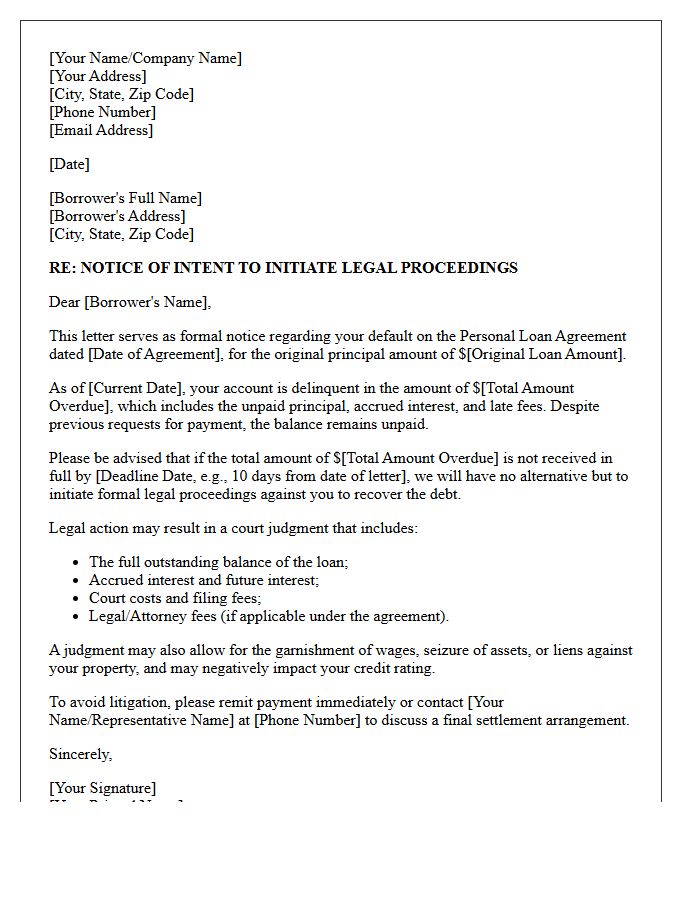 Legal Proceedings Initiation Letter for Defaulted Personal Loan Agreement