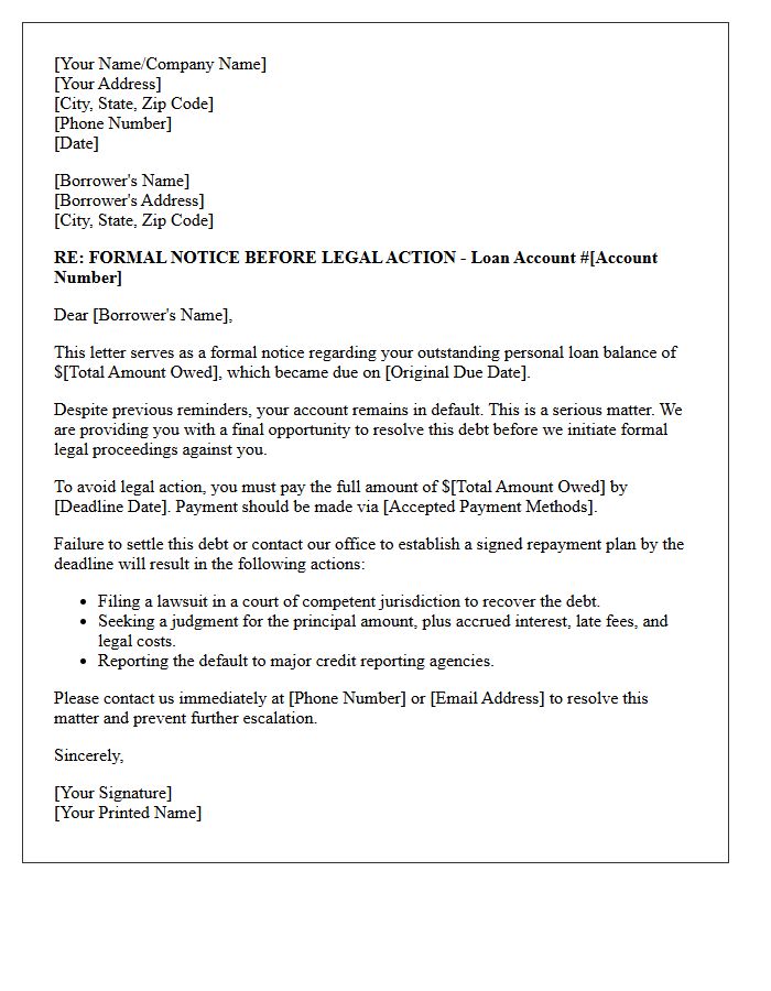 Notice of Legal Action Letter Regarding Defaulted Personal Loan