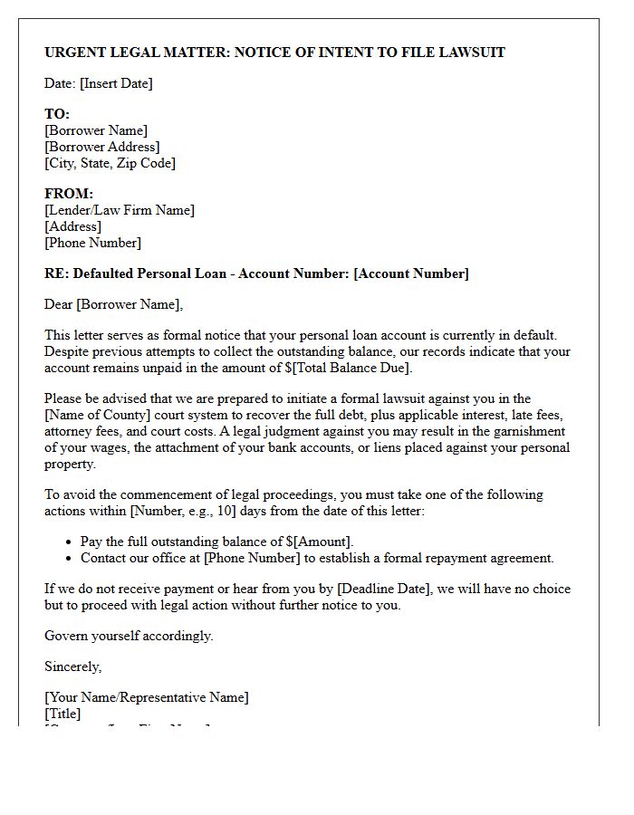 Notice of Pending Lawsuit Letter for Defaulted Personal Loan