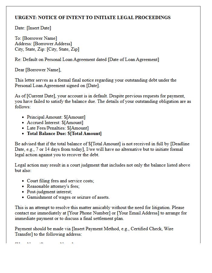 Pre-Litigation Warning Letter for Personal Loan Agreement Default
