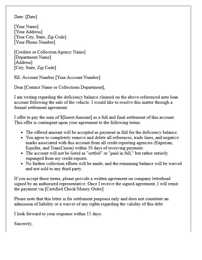 Auto Loan Deficiency Pay for Delete Settlement Letter