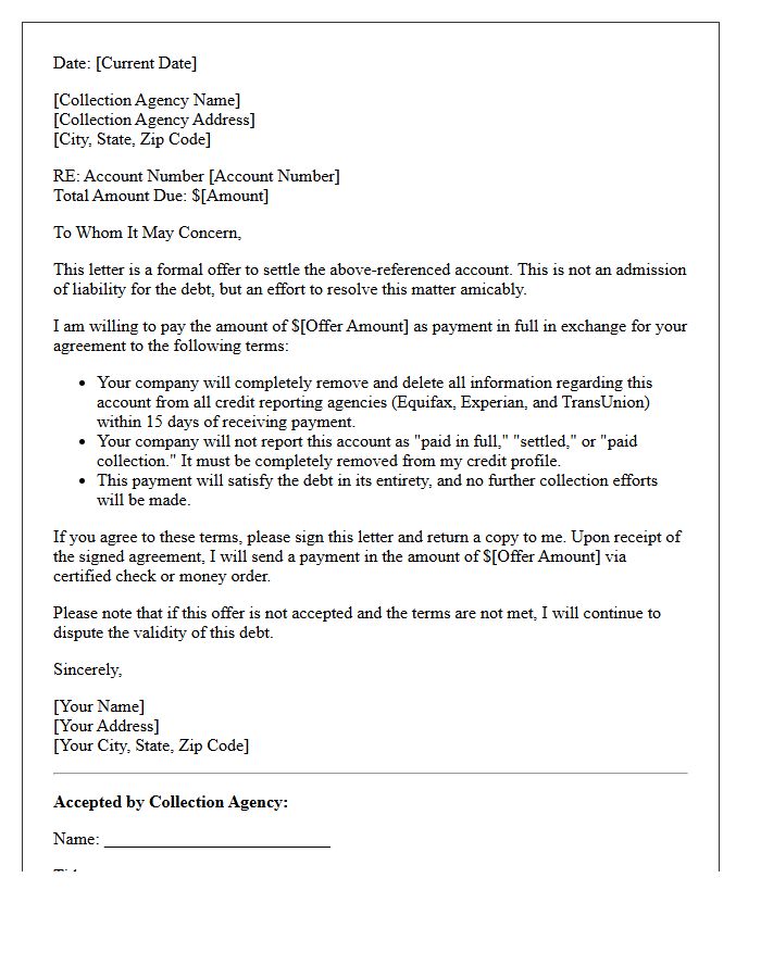 Collection Agency Pay for Delete Agreement Letter
