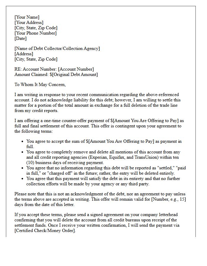 Counter Offer Pay for Delete Debt Settlement Letter