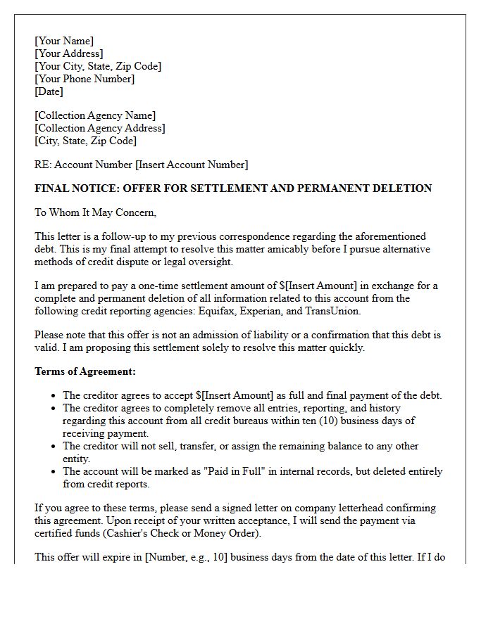 Final Notice Pay for Delete Debt Settlement Letter
