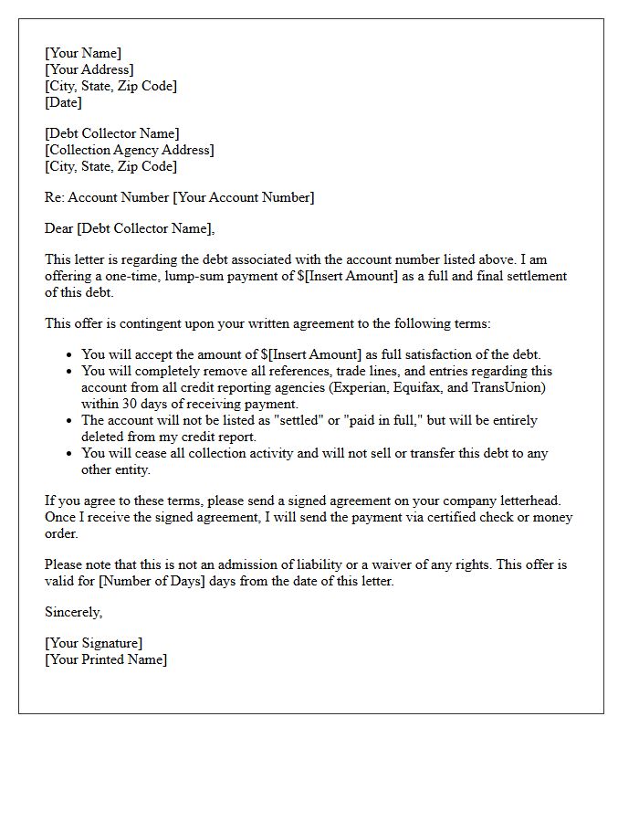 Lump Sum Pay for Delete Debt Settlement Letter