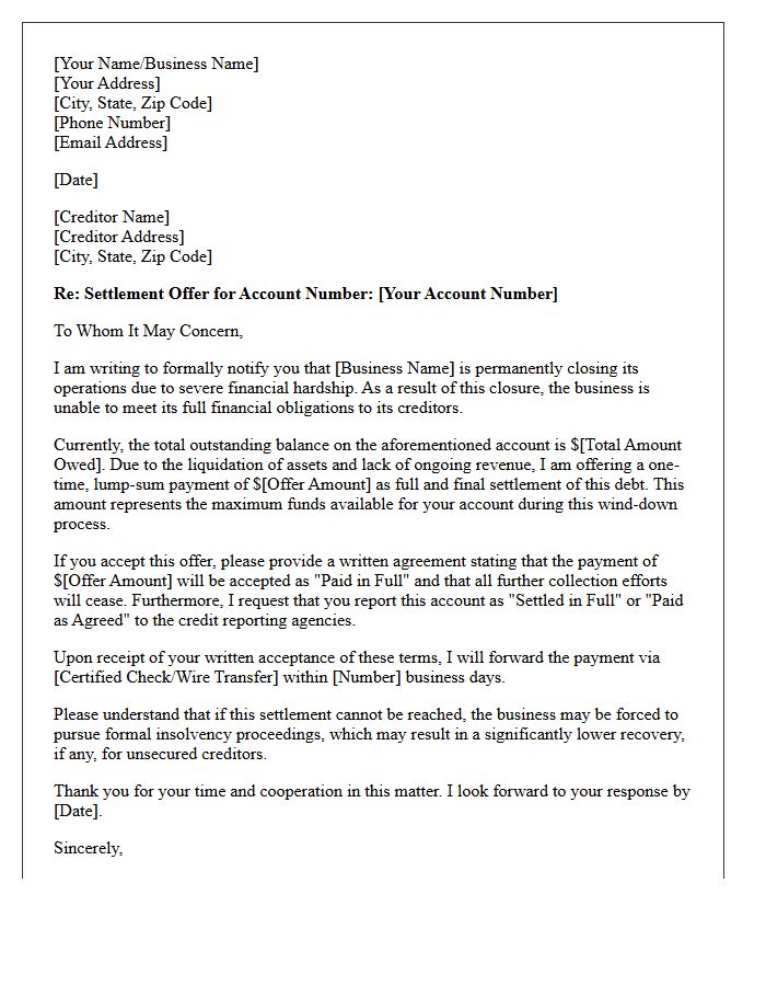 Business Closure Financial Hardship Debt Settlement Offer Letter