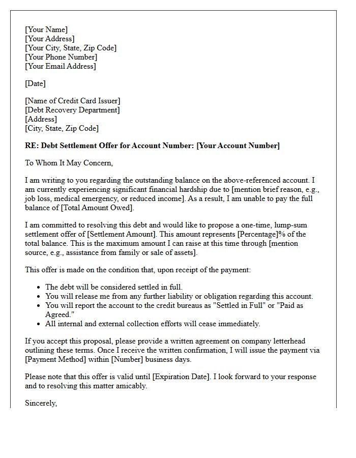 Credit Card Arrears Financial Hardship Debt Settlement Offer Letter