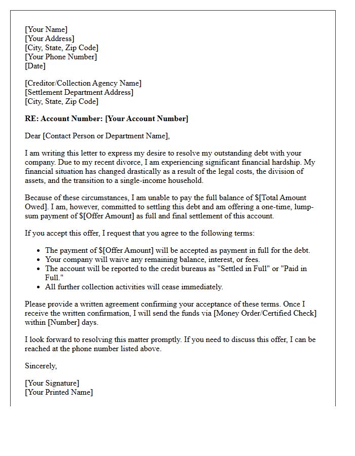 Divorce Related Financial Hardship Debt Settlement Offer Letter