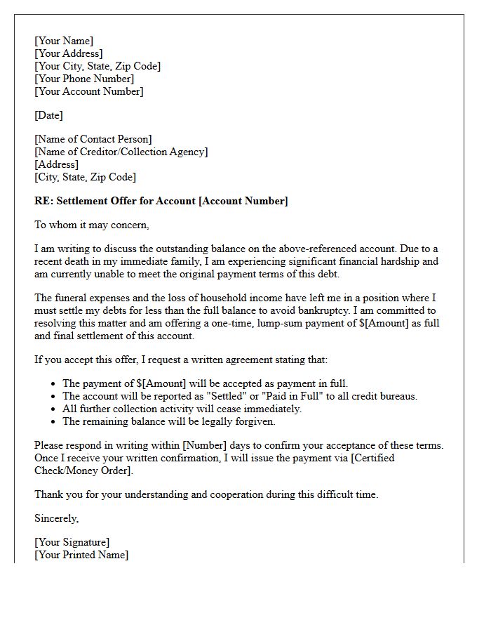 Family Bereavement Financial Hardship Debt Settlement Offer Letter