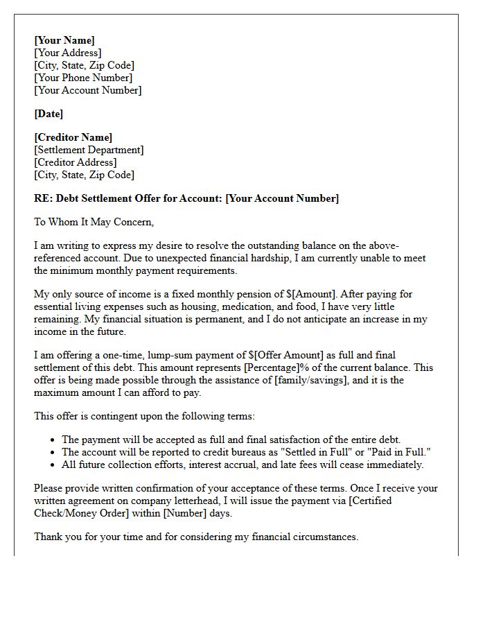 Fixed Income Pension Financial Hardship Debt Settlement Offer Letter