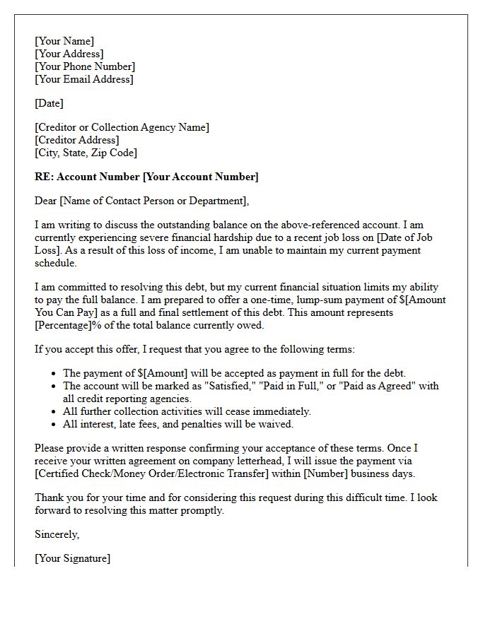 Job Loss Financial Hardship Debt Settlement Offer Letter