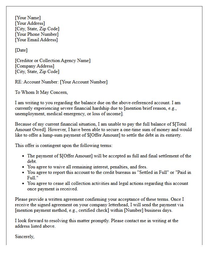 Lump Sum Payment Financial Hardship Debt Settlement Offer Letter