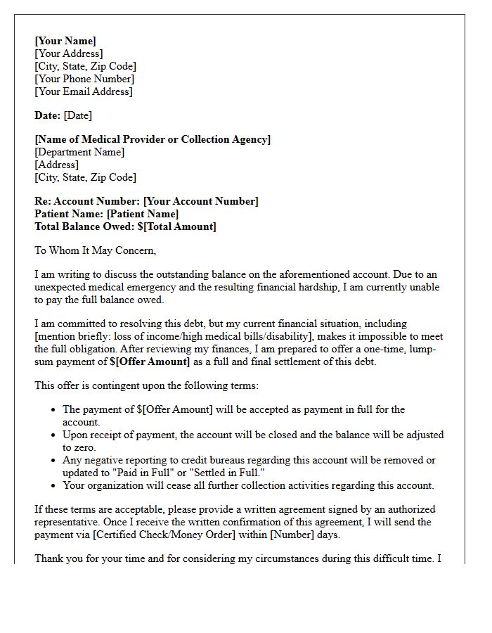 Medical Emergency Financial Hardship Debt Settlement Offer Letter