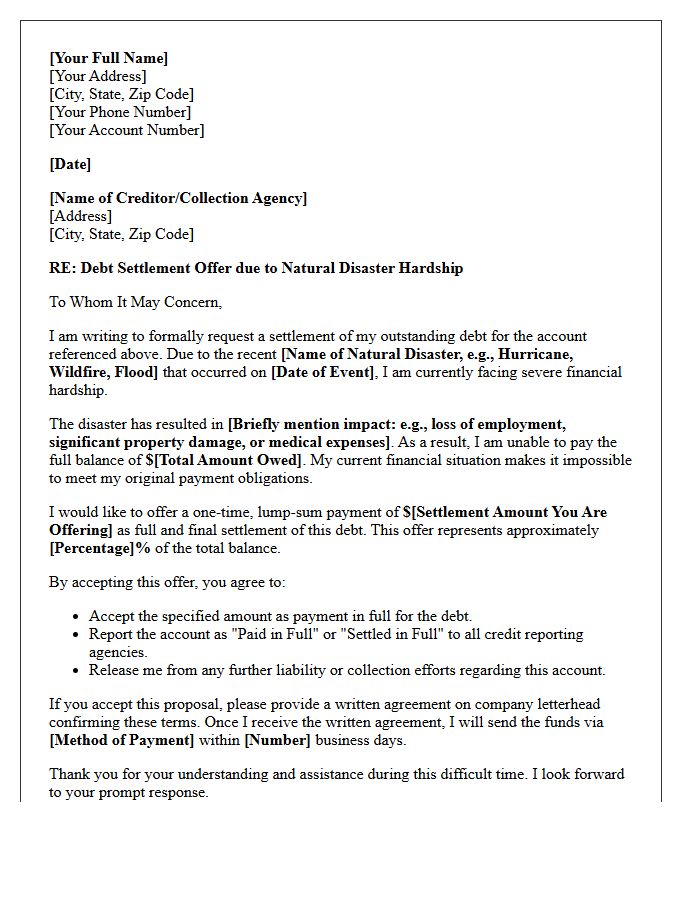 Natural Disaster Relief Financial Hardship Debt Settlement Offer Letter