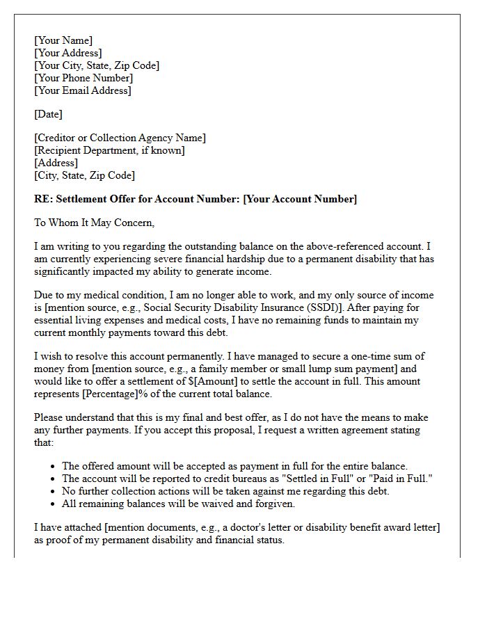 Permanent Disability Financial Hardship Debt Settlement Offer Letter