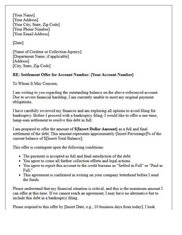 Pre Bankruptcy Financial Hardship Debt Settlement Offer Letter