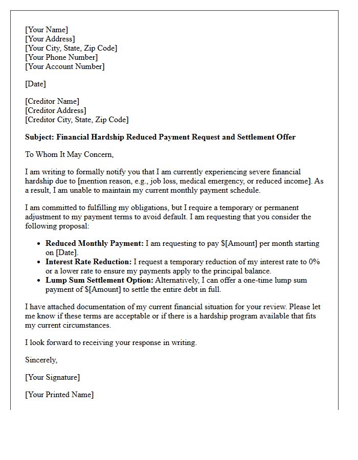 Reduced Monthly Payment Financial Hardship Debt Settlement Offer Letter