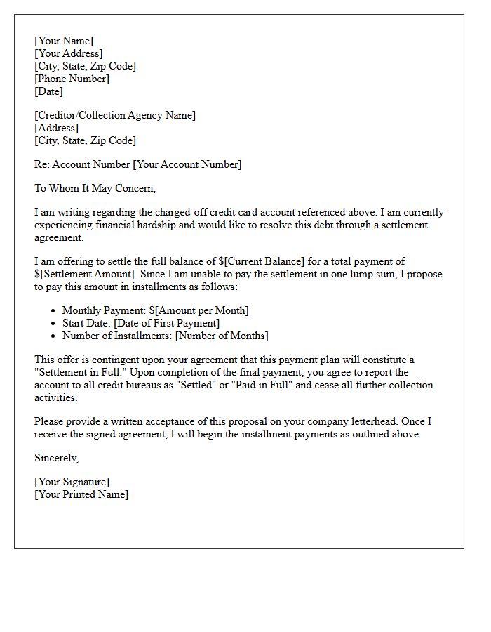 Installment Agreement Credit Card Charge-Off Settlement Offer Letter