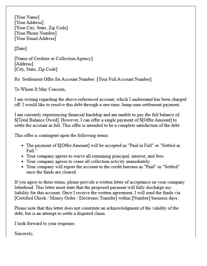 Lump-Sum Payment Credit Card Charge-Off Settlement Offer Letter