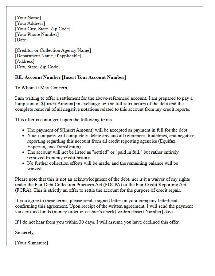 Pay-For-Delete Credit Card Charge-Off Settlement Offer Letter