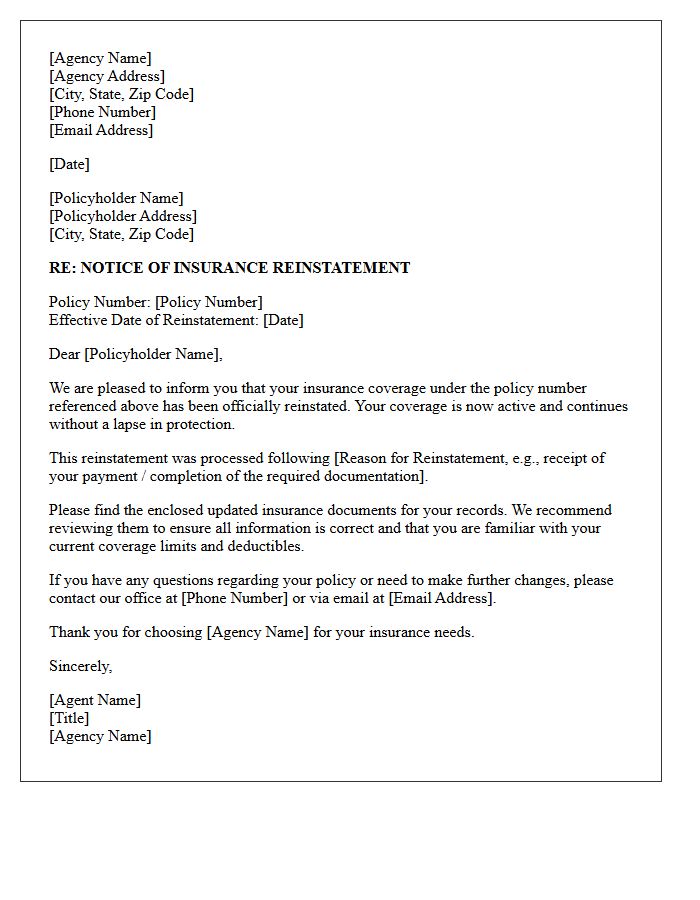 Agency Notice of Reinstated Insurance Letter