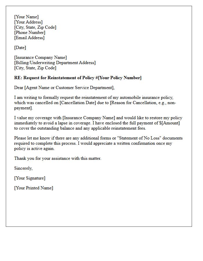 Auto Insurance Post-Cancellation Reinstatement Letter