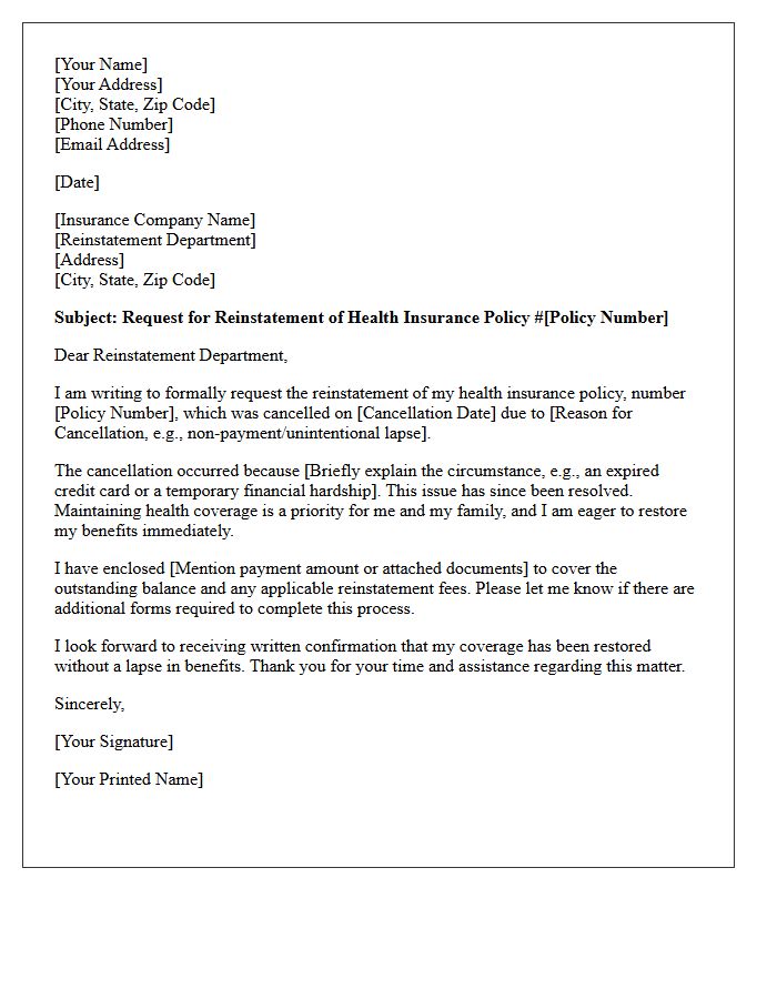Health Insurance Post-Cancellation Reinstatement Letter