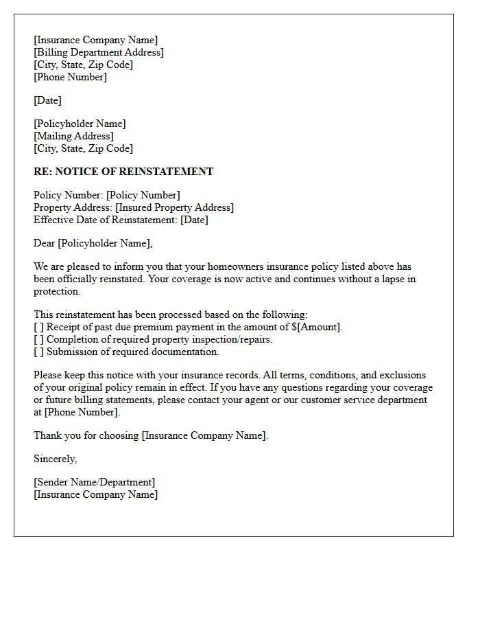 Homeowners Coverage Reinstatement Notice Letter