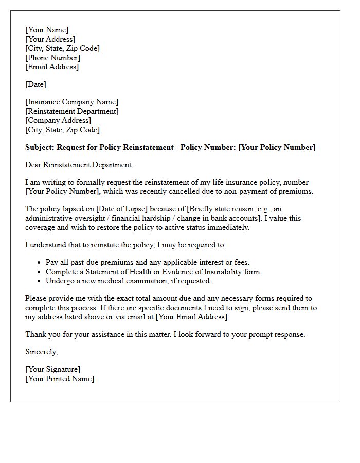 Life Insurance Post-Cancellation Reinstatement Letter