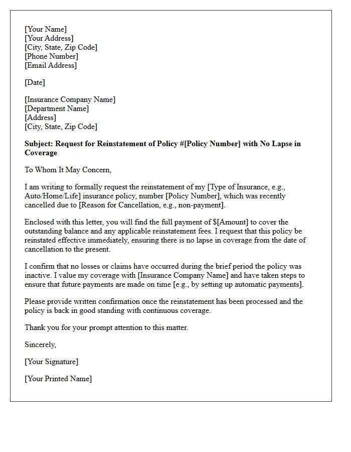 Reinstatement Letter with No Coverage Lapse