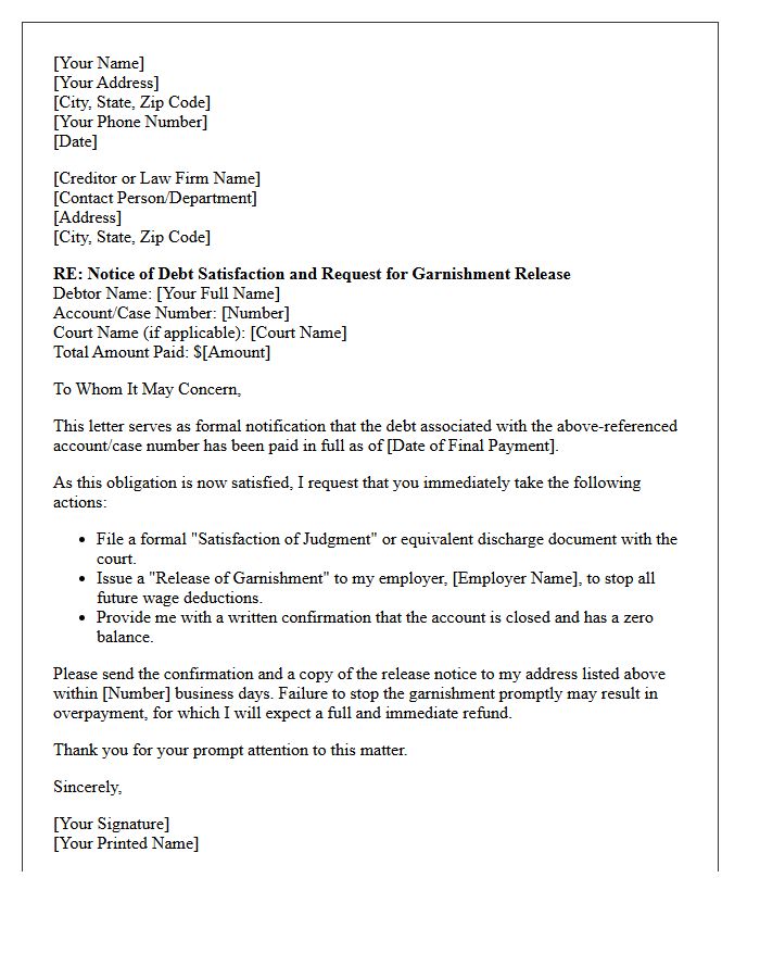 Debt Satisfaction and Wage Garnishment Cancellation Letter