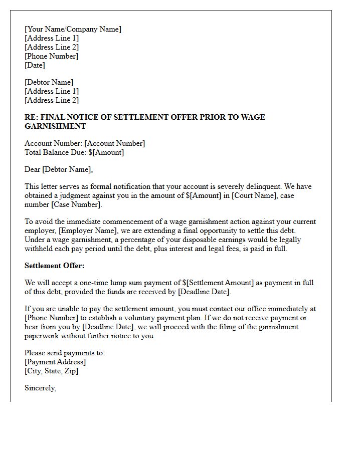 Final Notice of Settlement Offer for Wage Garnishment Letter