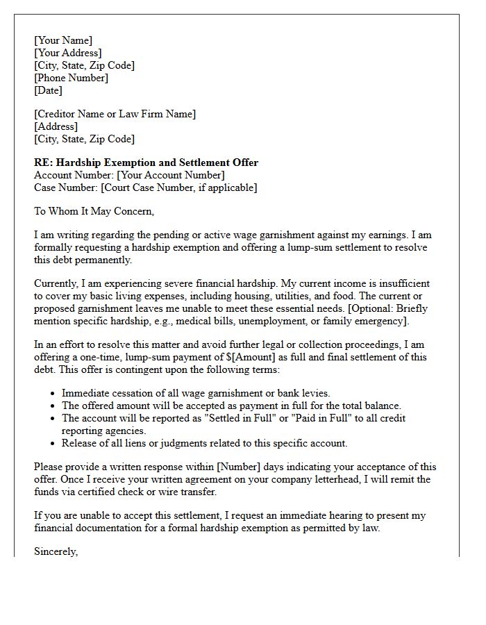Hardship Exemption and Garnishment Settlement Offer Letter