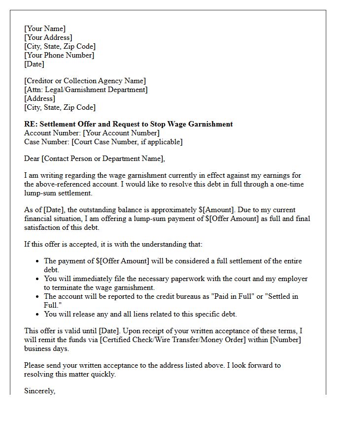 Lump-Sum Settlement Offer to Stop Wage Garnishment Letter