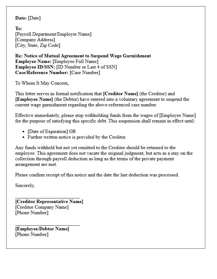 Mutual Agreement to Suspend Wage Garnishment Letter
