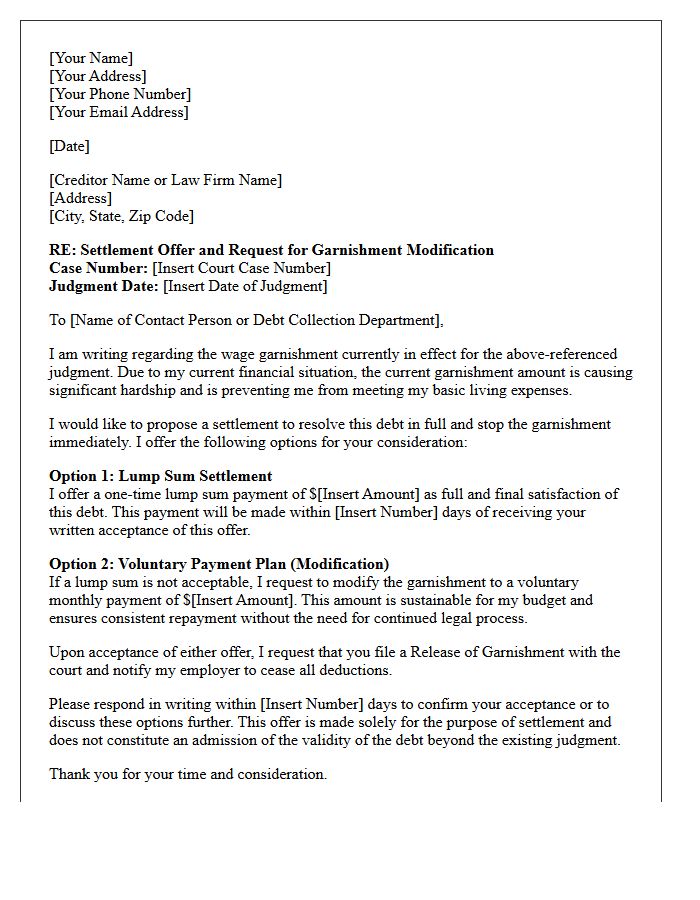 Post-Judgment Garnishment Modification and Settlement Letter